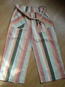 Tu PINK STRIPE 3/4 COTTON BELTED POCKETS ELASTIC WAIST PULLOVER UK 14 LEG 23IN - Picture 1 of 12