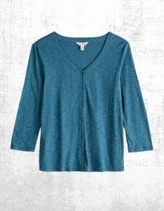 Ex Seasalt Women’s 3/4 Sleeve Glass V-neck Jersey Top in Teal Blue Studio - Picture 1 of 6