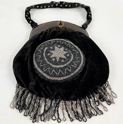 Flapper Girl Vintage 9" Handmade Velvet Beaded Fringe Bakelite Wristlet Purse - Image 1 of 4