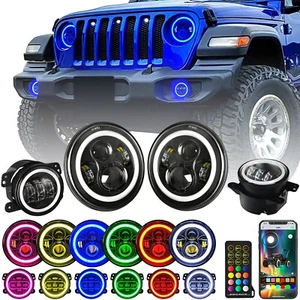 7 inch  RGB Headlights + 4 inch Fog Lights for 1997-2018 Jeep Wrangler  TJ JK - Picture 1 of 7