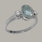 Solid 14k White Gold Natural Aquamarine & Diamond Womens Trilogy Ring