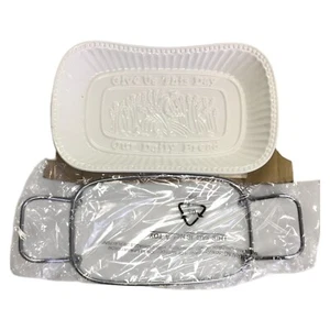 Porcelain Bread Tray with Silver Finish Serving Rack Give Us This Day White - Picture 1 of 3