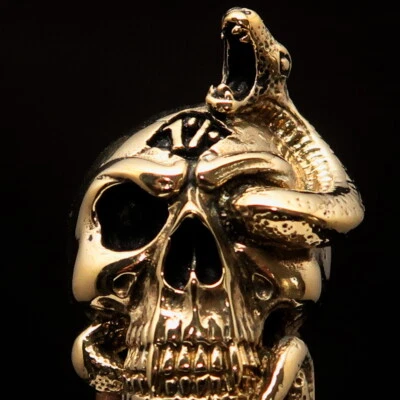 MENS OUTLAW SKULL RING, SNAKE SKULL BIKER RING, 1% ONE PERCENTER ANTIQUED SIZE 9 - Image 1 of 4