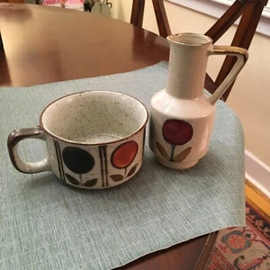 Vintage MCM OTAGIRI Style HAPPY FLOWERS XL Soup Mug + Pitcher/Vase/Creamer, EUC! - Picture 1 of 15