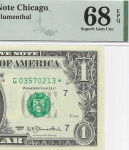 1977 $1 CHICAGO * STAR * ⭐️ FRN. PMG Superb GEM Uncirculated 68 EPQ Banknote. - Picture 1 of 3