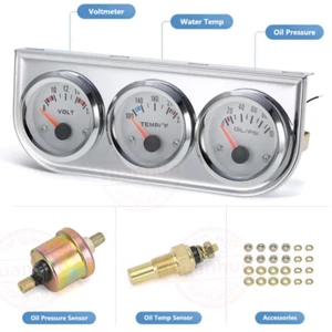 2" 52mm Chrome Car Triple Gauge Set Kit 3in1 Water Temp Oil Pressure Volt Meter - Picture 1 of 13