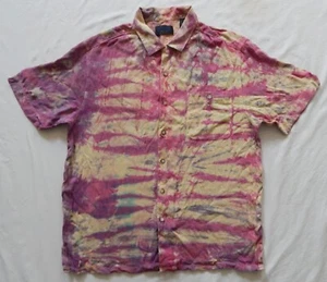 Silk Tie Dye Pink Purple Striped Short Sleeve Button Up Shirt - Medium Hand Made - Picture 1 of 5