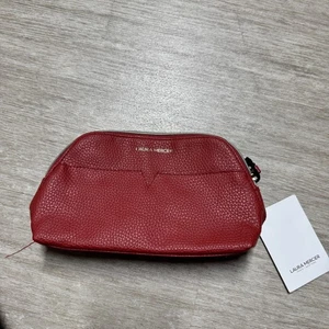 LAURA MERCIER Cosmetic Makeup Bag Leather Red NWT 9x5 Zip Close - Picture 1 of 8