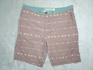 Katin Men Surf Beach Shorts Size 33 Brown Tribal Print Snap Fly 4 Pockets 9" i/s - Picture 1 of 14