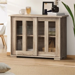 Oikiture Sideboard Buffet Cupboard Cabinet Glass Sliding Door Storage Natural - Picture 1 of 8