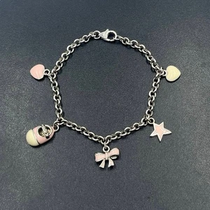 Sterling Silber Baby Rosa Emaille Herzen Stern Schleife 5,5" Länge, 6g Bettelarmband - Bild 1 von 10