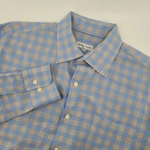 Peter Millar Herren Medium kariertes Button Down Hemd Langarm blau hellbraun Baumwolle - Bild 1 von 7