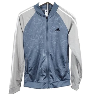Adidas Floral Trainingsjacke grau blau weiß 3 Streifen durchgehender Reißverschluss Mantel Damen Small - Bild 1 von 9