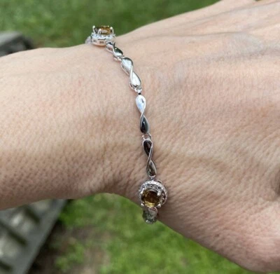 Smoky Topaz 镀白金手链扭转设计 8 英寸 全新带盒 — 第 1/4 张图片