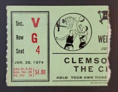 Clemson Tigers The Citadel Basketball Ticket Stub 1/30 1974 Tree Rollins Atlanta - Image 1 of 2