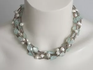 Collar de cadena de plata 925 aguamarina y perla 6 Rhg macizo 115,8 g/45 cm - Imagen 1 de 6