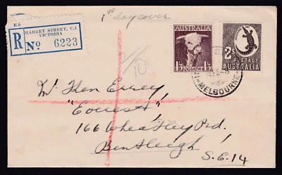 1948 Australia 2/- Bull & 1'3 Crocodile FDC Cover MARKET STREET VIC Registered - Image 1 of 4