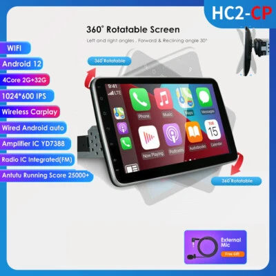 2+32G Single 1 DIN Rotatable 10.1'' Android 12 Carplay Car Stereo Radio GPS WIFI - Image 1 of 4