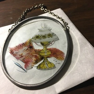 Vintage Suncatcher, Cat Sleeping on a Pillow, Hanging Metal Chain - Picture 1 of 1