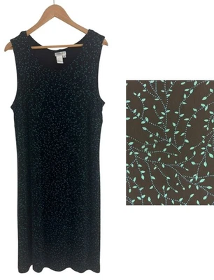 Coldwater Creek Black Teal Blue Leaf Print Slinky Stretch Midi Dress Size 1X 16 - Image 1 of 4