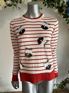 JOULES Mariella Christmas Jumper Size 10 Cream Red Stripe Sequin XMAS Pudding - Picture 1 of 24