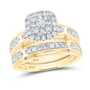 10k Yellow Gold His Hers Round Diamond Matching Bridal Ring Band Set 1-1/5 ctw - Picture 1 of 3