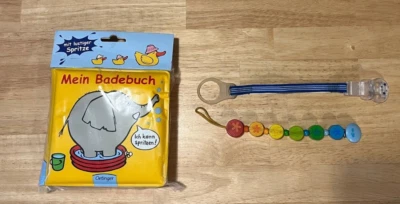 SET! Baby Badebuch Spritze HABA Schnullerkette Holz  Schnullerband babylove blau - Bild 1 von 4