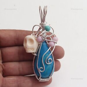 Blue Lace Onyx Jewelry Copper Gift For Bridesmaid Wire Wrap Pendant 3.2"