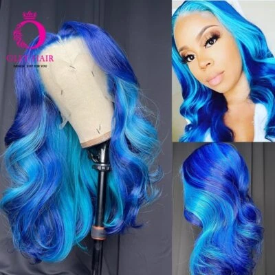 Pelucas delanteras de encaje transparente sintético 13x4 prearrancadas con onda corporal azul 30 pulgadas Foto 1 de 4