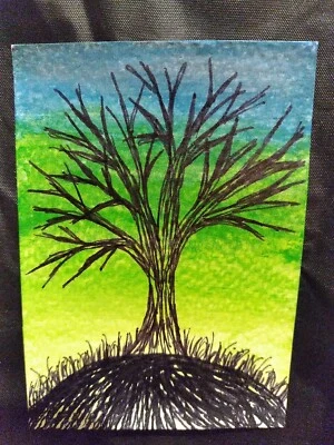 Original ACEO Azul, Verde Amarillo Cielo, Árbol Negro, Fantasía Abstracta Arte Forastero  Foto 1 de 3