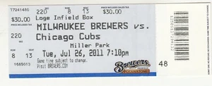 Boleto Milwaukee Brewers vs Chicago Cubs 26/07/2011 Aramis Ramírez Carrera HR #308 - Imagen 1 de 1