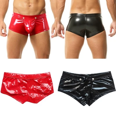 Men Wet Look PVC Leather Boxer Briefs Shorts Button Open Bulge Pouch Gay Panties - Image 1 of 4
