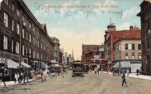 North Main Street Straßenbahnen Fall River Massachusetts 1909 Postkarte - Bild 1 von 2