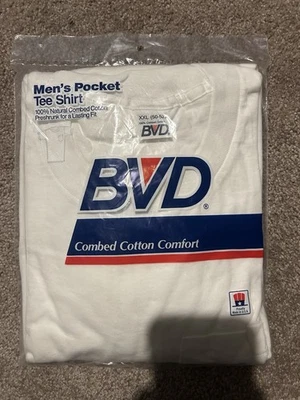 BVD Мужская расчесанный хлопок карман футболка новый XXL винтажный 1988 белый одиночный стежок - Изображение 1 из 2