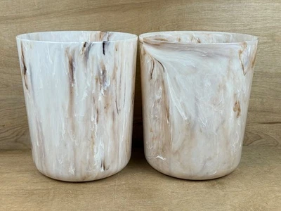 Pair Mid Century Waste Basket Vintage Plastic Marbled Trash Can Brown White 10" - Image 1 of 4