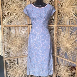 Vintage 1950s Pastel Lace Wiggle Dress S 60s Periwinkle Party Dress Pencil Dress - Picture 1 of 10