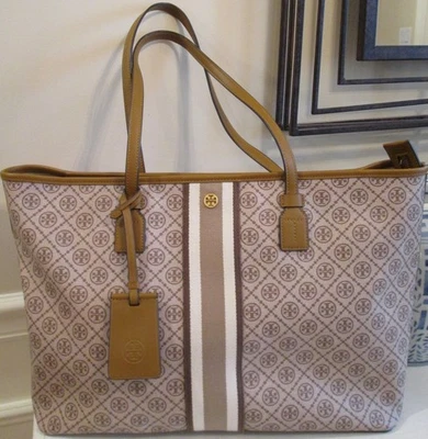 TORY BURCH T MONOGRAM COATED CANVAS TOTE BAG size Large NWT $250 - Image 1 of 4
