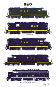 Póster firmado por Andy Fletcher de locomotoras azul liso de 11""x17"" de Baltimore y Ohio - Imagen 1 de 1