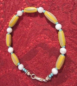TRADE BEADS BRACELET, YELLOW TRADE BEADS NATURAL STONE AND SWAROVSKI CRYSTALS - Picture 1 of 6