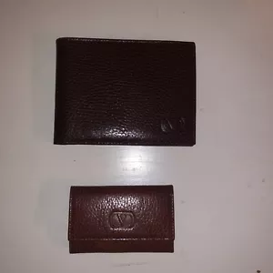 REAL RARE Valentino Garavani Brown Genuine Leather Wallet & Key Holder Gift Set - Picture 1 of 12