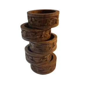 Set of Five NAPKIN RINGS Hand Carved Teak Wood Vintage Ornate IEH India - Picture 1 of 6