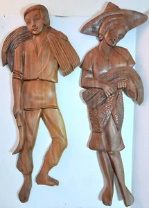 Hand-carved Japanese Wooden Wall Art Set Woman/Man Harvest Antique 1970 - Picture 1 of 7