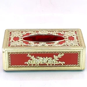 Vintage Hollywood Regency Tissue Box Cover Plastic Red Gold Ornate Roses - Picture 1 of 11