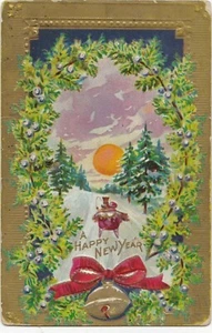 AK Frohes Neues Jahr Grüße Gold Glocken Schneeszene Pferd geprägt 1910 - Bild 1 von 2