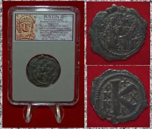 Antigua moneda IMPERIO BIZANTINO de JUSTIN II Sofía y Justino II en tronos - Imagen 1 de 4