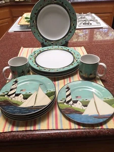 Sakura COASTAL BREEZE Lighthouse Set Dinner Plate 4 Salad 4 Mug 2+Bonus NOS ExC - Picture 1 of 12