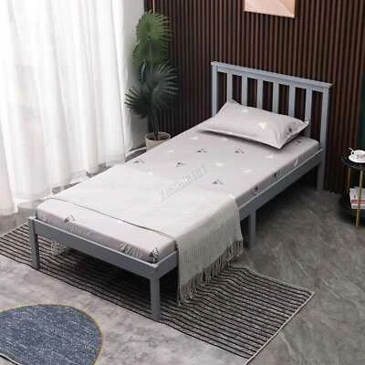 Single Bed Durable Solid Pine Frame Low Foot End Wood Slat Support Bedroom Grey