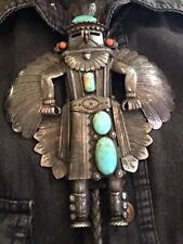SUPER RARE!!! BOLO TIE Great Vtg Navajo Kachina Large Sterling Silver Turquoise