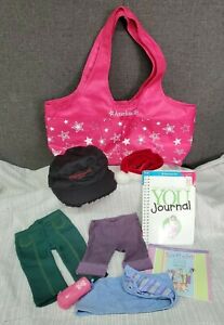 American Girl Pink Star Tote Bag w/ Pants, Santa Hat, Hair Wrap, Books Bundle