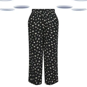 Ex Women's Plus Size Wide Leg Pants in Black Daisy Floral (Defect) - Picture 1 of 5